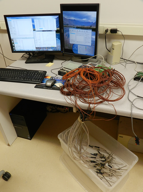 All of the thermocouples wired up for testing