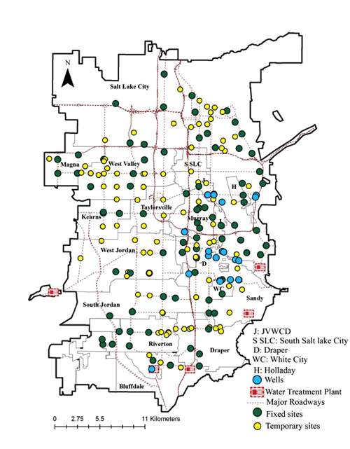 The tap water sites sampled across the 18 water districts in the SLV metropolitan area