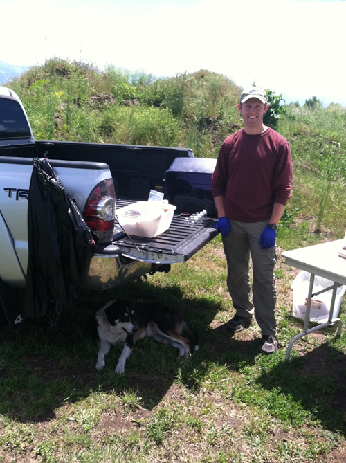 When we pulled up to sample from the spring, this dog came right over to enjoy the shade from our truck. On the tailgate I'm using a spectrophotometer to analyze for Fe (II) and Sulfide.