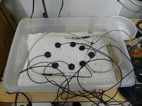 Soil heat flux plates in the tub of sand where they were tested