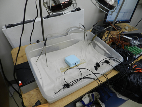 The current heat flux plate testing setup, utilizing a foam block